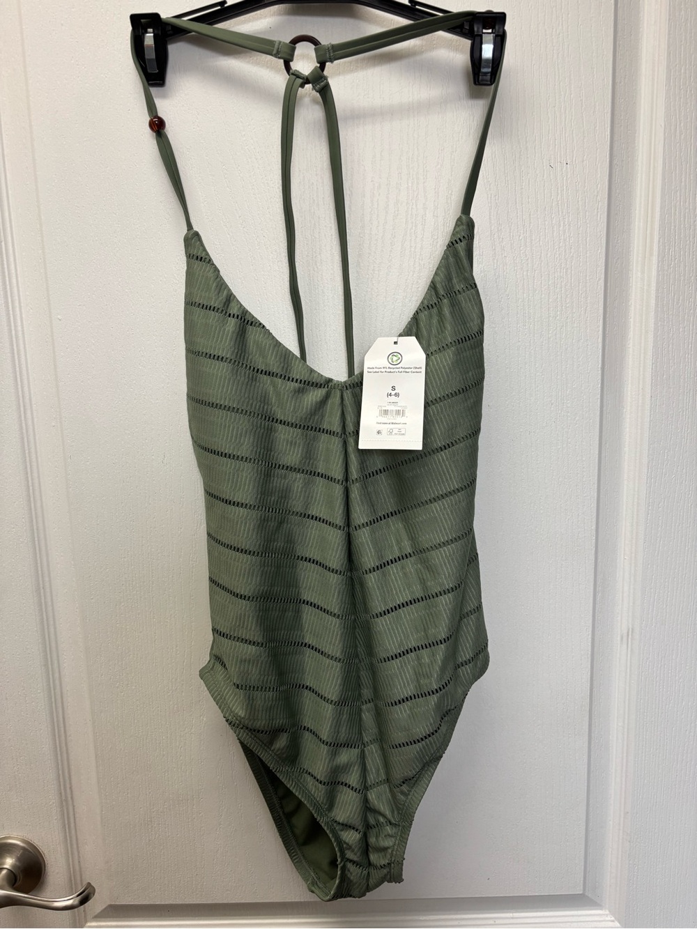 NWT Time and Tru Olive Green Striped One-Piece Swimsuit Size Small